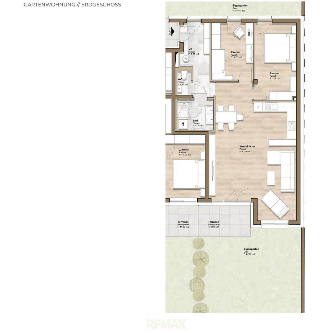 Grundriss einer Gartenwohnung im Erdgeschoss mit Terrasse und eigenem Gartenbereich.