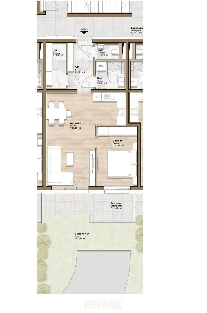 Detaillierter Grundriss einer Wohnung mit Wohnküche, Schlafzimmer, Terrasse und eigenem Garten.
