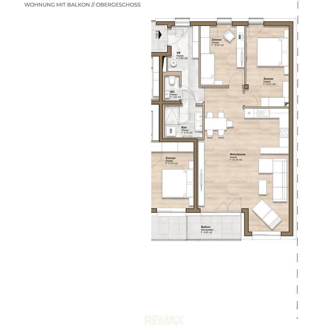 Grundriss einer Wohnung im Obergeschoss mit Balkon, drei Zimmern und offener Wohnküche.