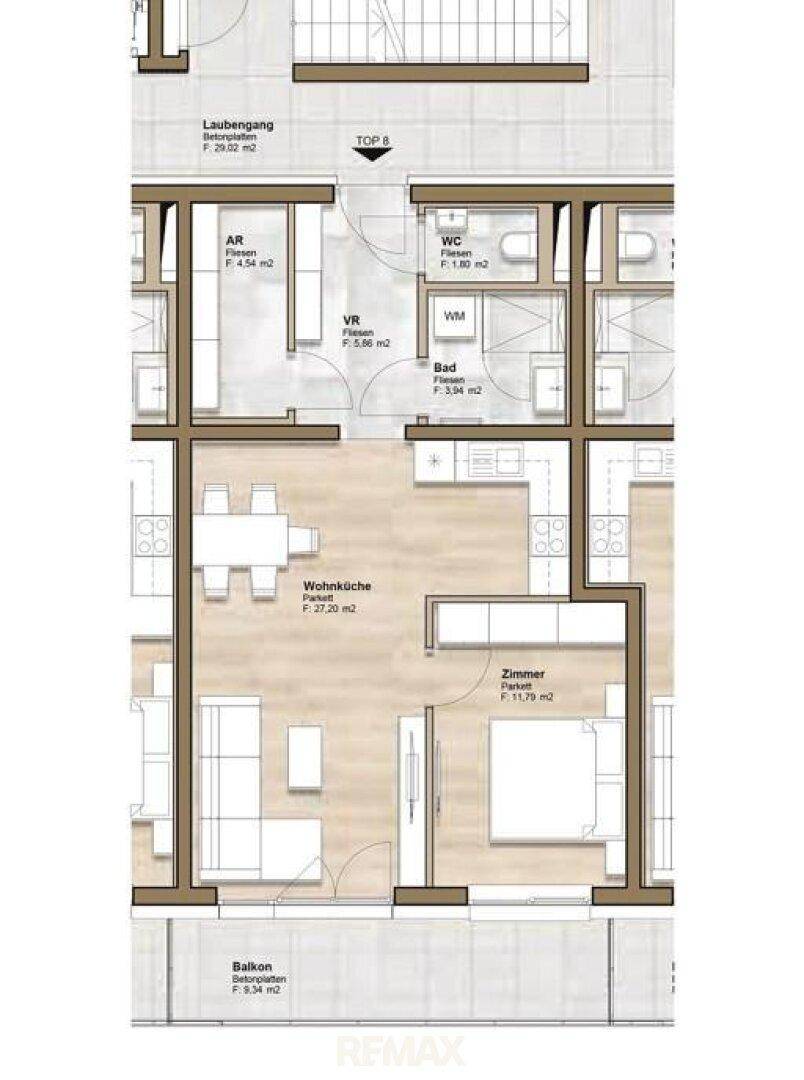 Detaillierter Grundriss einer Wohnung mit offener Wohnküche, Schlafzimmer, Bad und Balkonzugang.