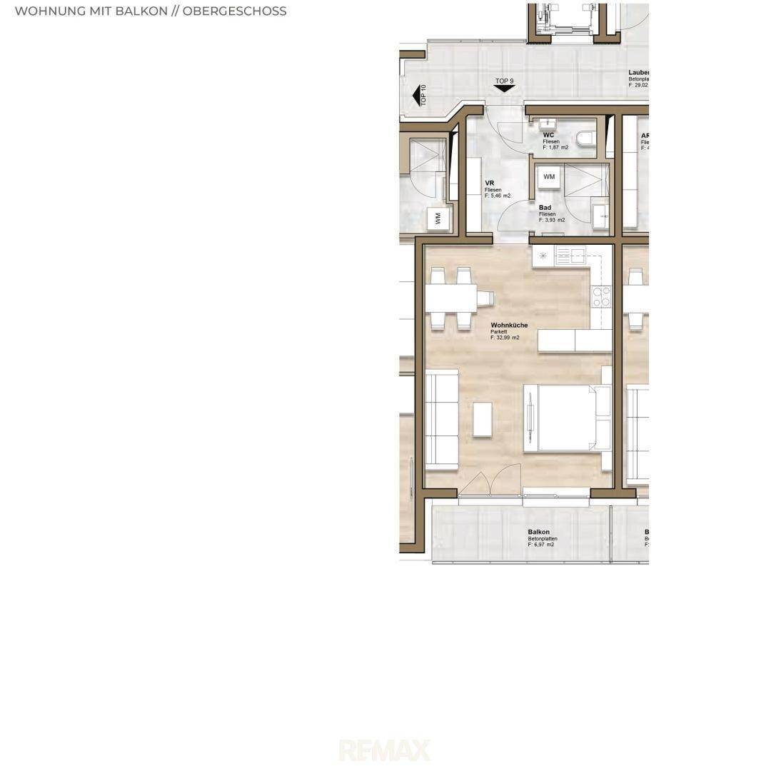Grundriss einer Wohnung im Obergeschoss mit offener Wohnküche, Bad, separatem WC und Balkon.