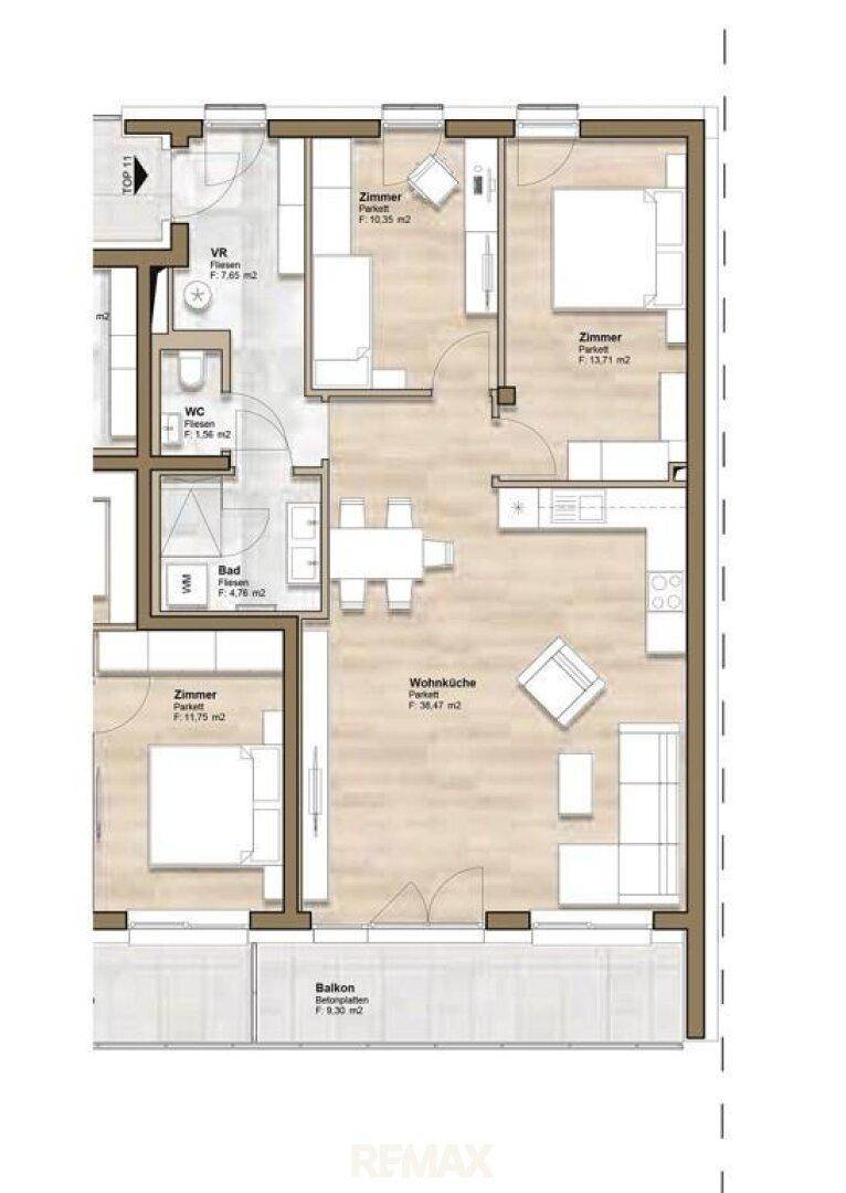 Grundriss einer Wohnung mit offener Wohnküche, drei Zimmern und Balkon.