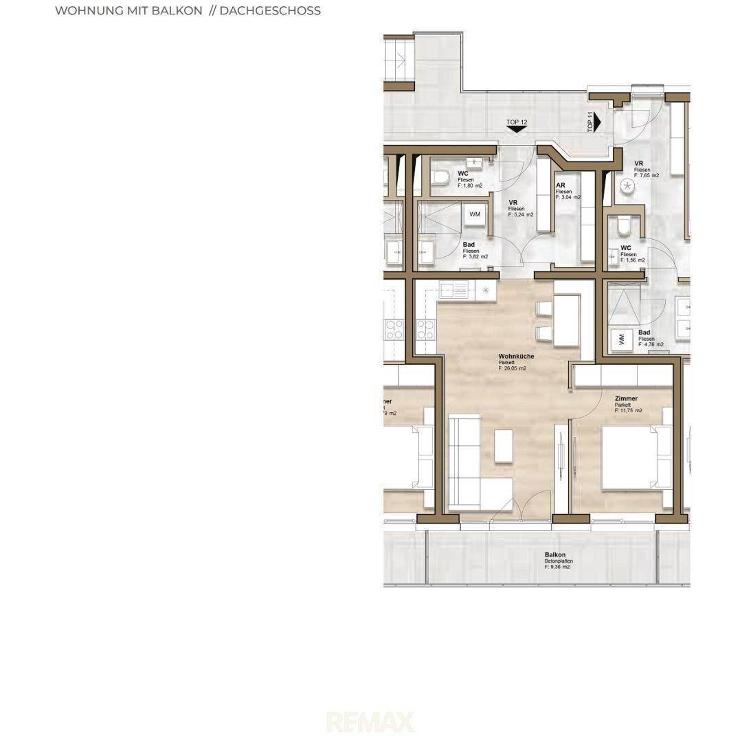 Grundriss einer Dachgeschosswohnung mit Balkon, mehreren Bädern und offenem Wohnbereich.