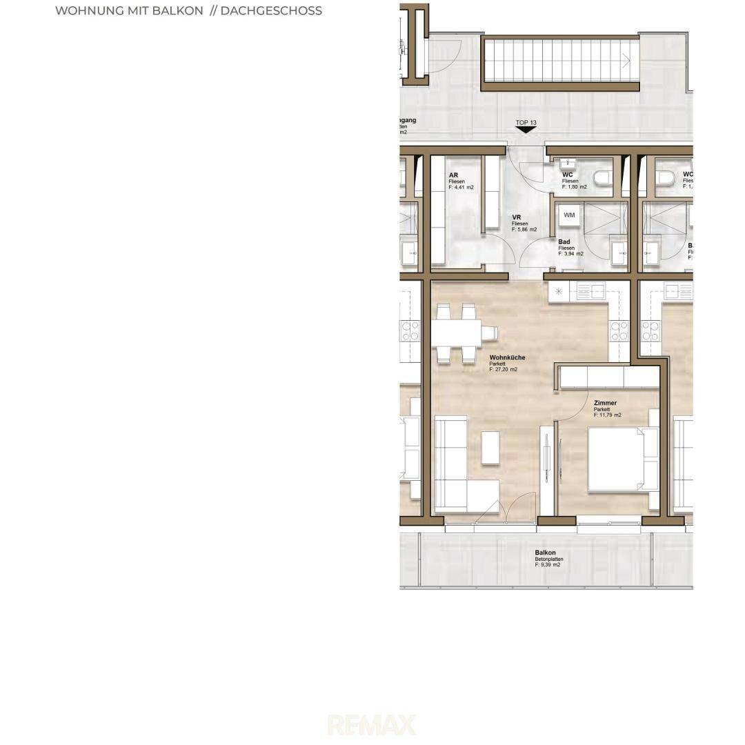 Grundriss einer Dachgeschosswohnung mit offenem Wohnbereich, Balkon und mehreren Bädern.