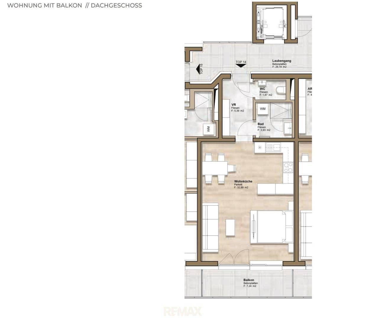 Grundriss einer Wohnung mit Balkon, Wohnküche, Bad und separatem WC.