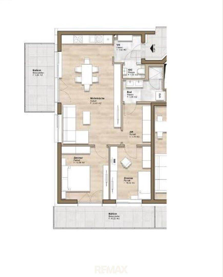 Grundriss einer Wohnung mit offener Wohnküche, drei Zimmern und zwei Balkonen.