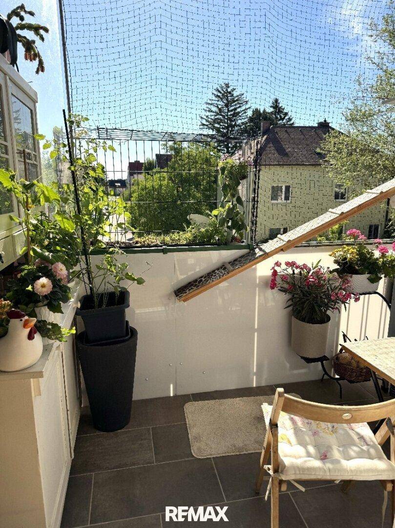 Gemütlicher Balkon mit Fliesenboden, Pflanzen und Schutznetz, ideal für Haustiere und Entspannung.
