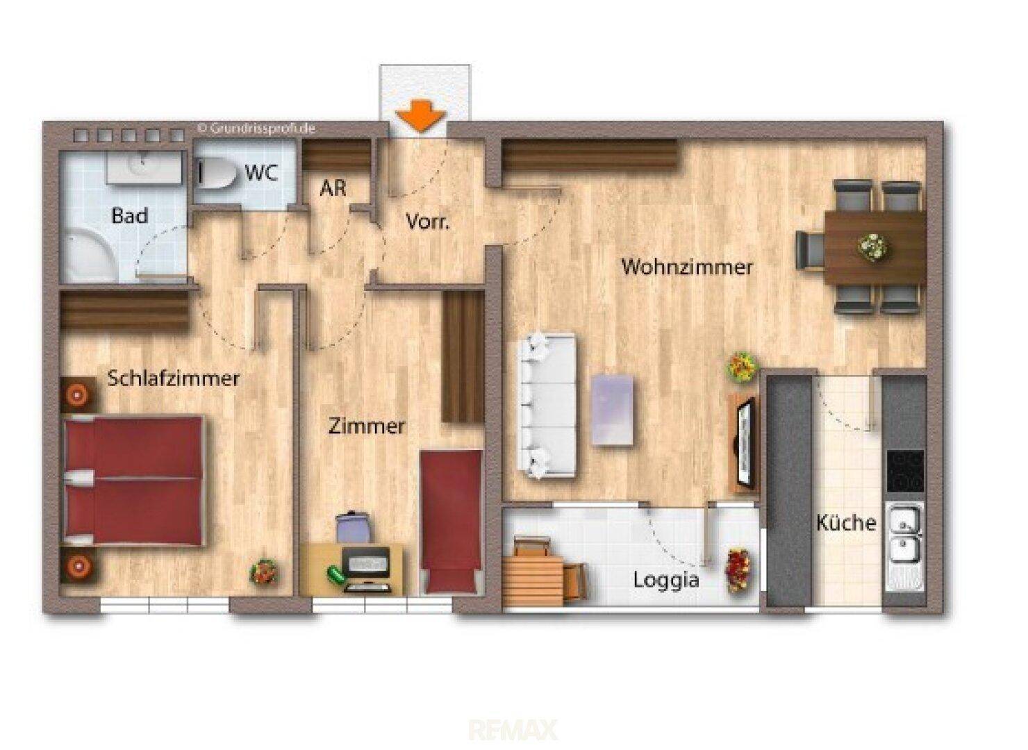 Detaillierter Grundriss einer Wohnung mit Wohnzimmer, Schlafzimmer, Bad und Loggia.