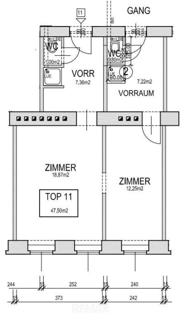 Grundrissplan einer Wohneinheit mit zwei Zimmern, Vorraum und separaten WC-Bereichen.