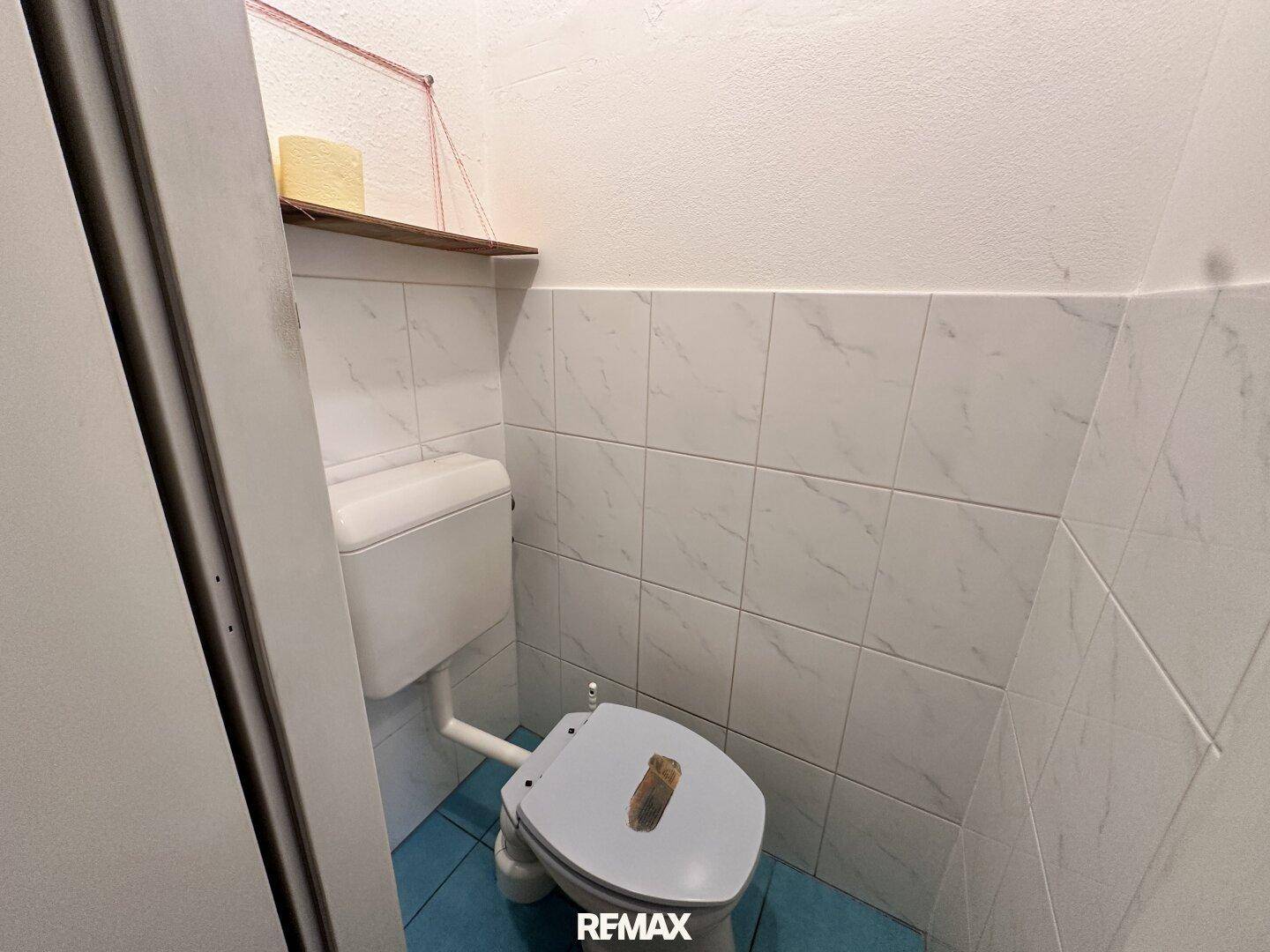 Kleines separates WC mit blauen Bodenfliesen und weißer Wandverkleidung.