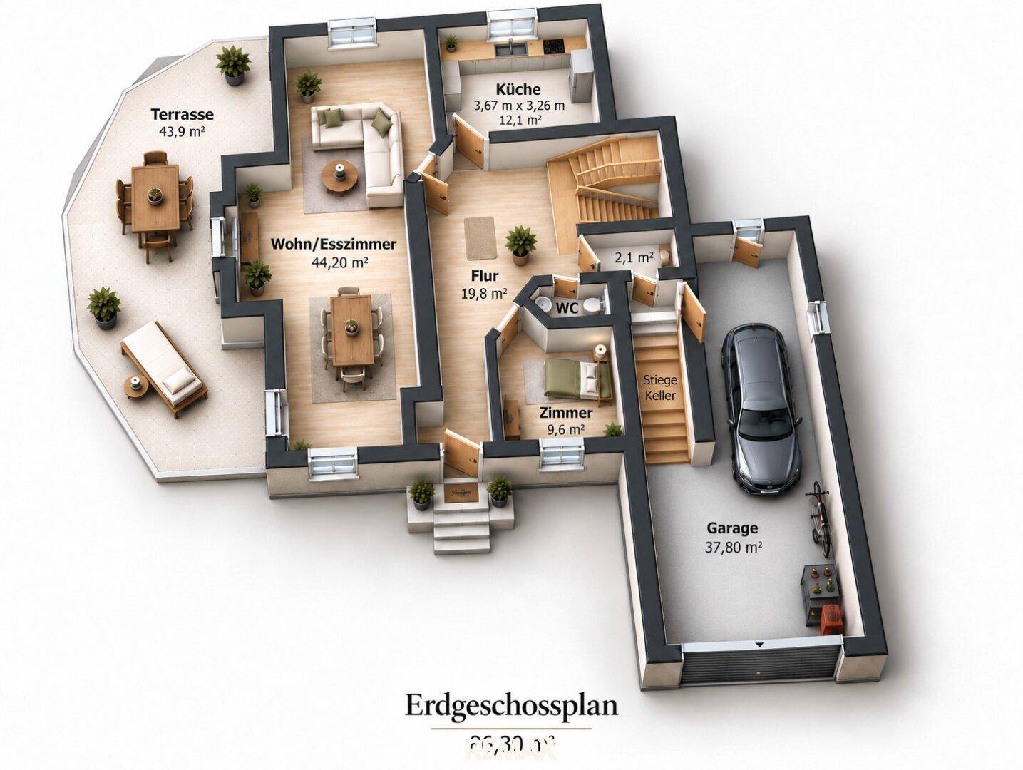 3D-Grundriss des Erdgeschosses mit Wohn-/Esszimmer, Küche, Zimmer und Garage.