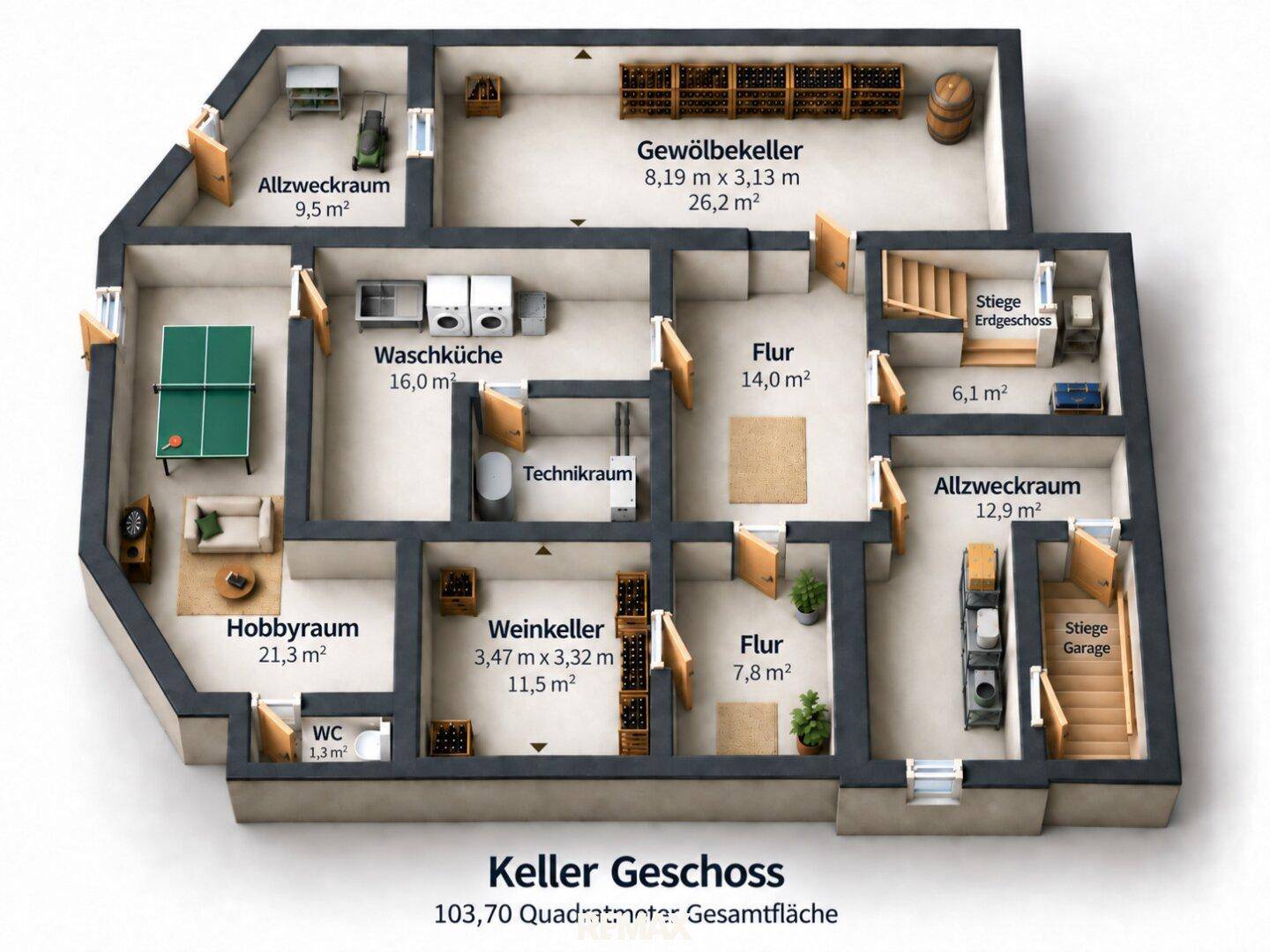 Grundriss des Kellergeschosses mit Hobbyraum, Waschküche, Weinkeller und Abstellräumen.