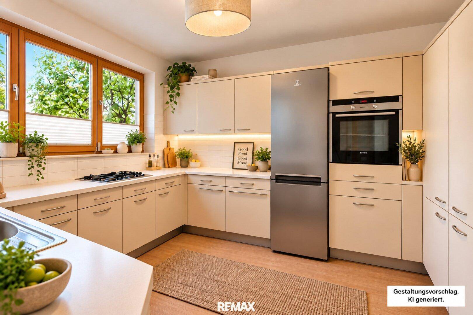 Moderne Küche mit hellen Schränken, Holzfenstern und integrierten Edelstahlgeräten.
