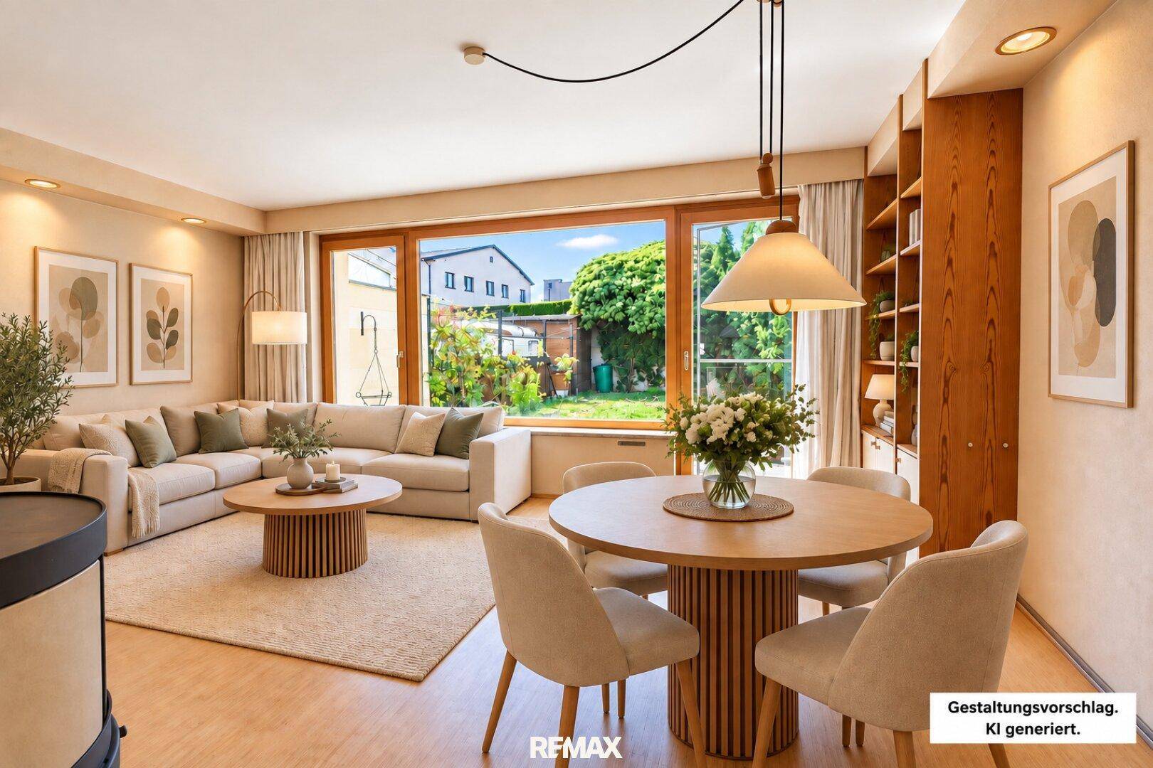 Heller Wohn-Essbereich mit großen Fenstern, modernem Mobiliar und Blick in den Garten.