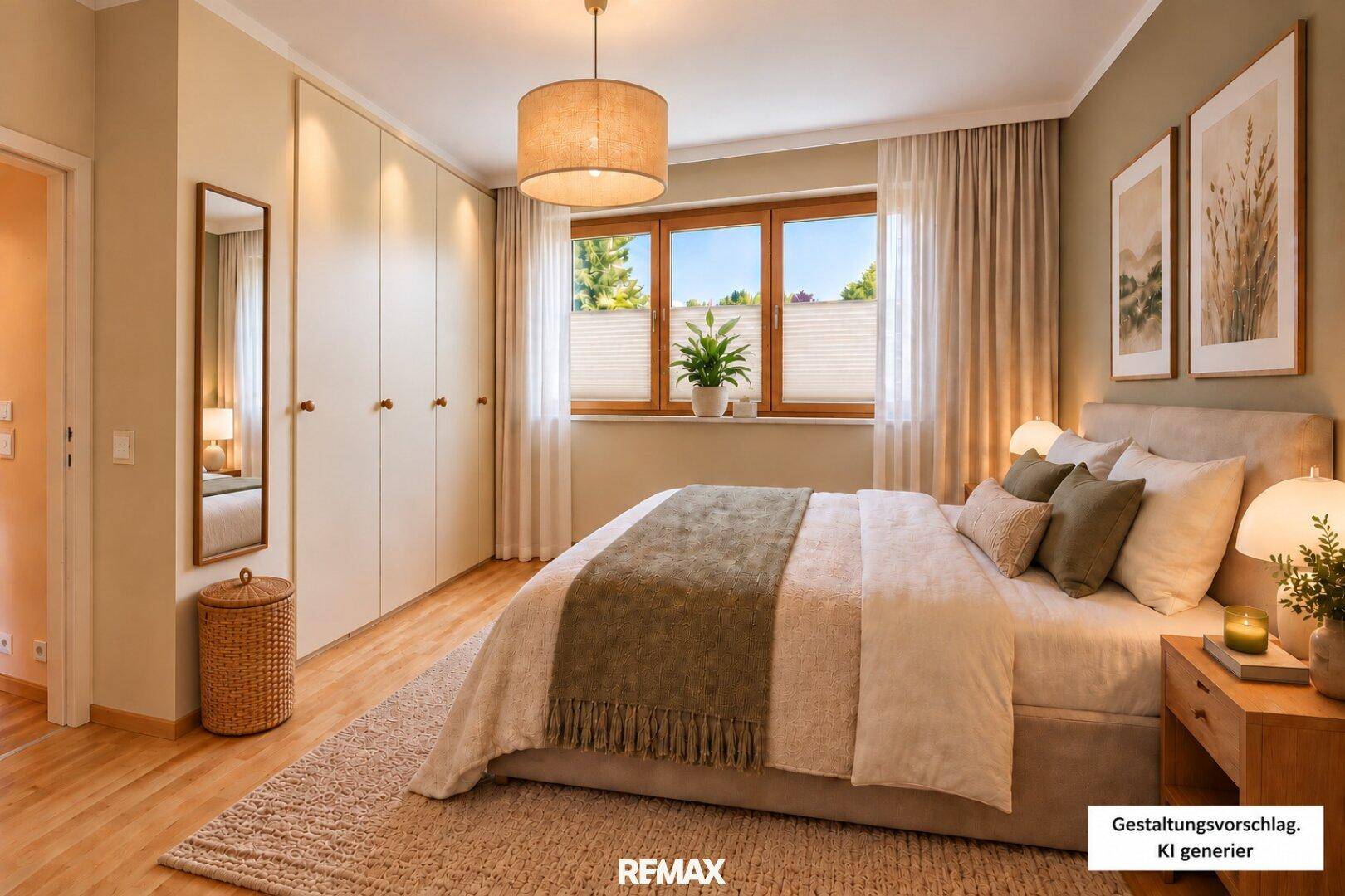 Gemütliches Schlafzimmer mit großem Bett, Einbauschränken und hellem Fenster.