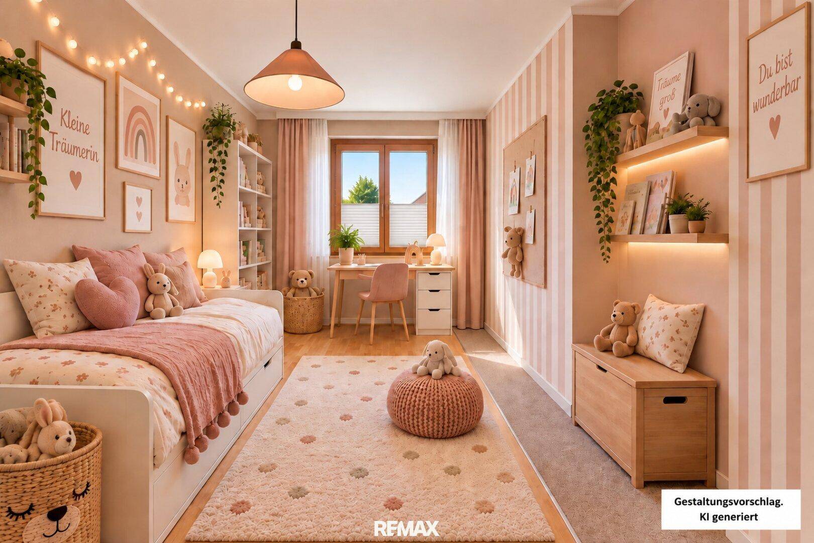 Charmantes Kinderzimmer in Rosatönen mit Bett, Schreibtisch und verspielter Dekoration.