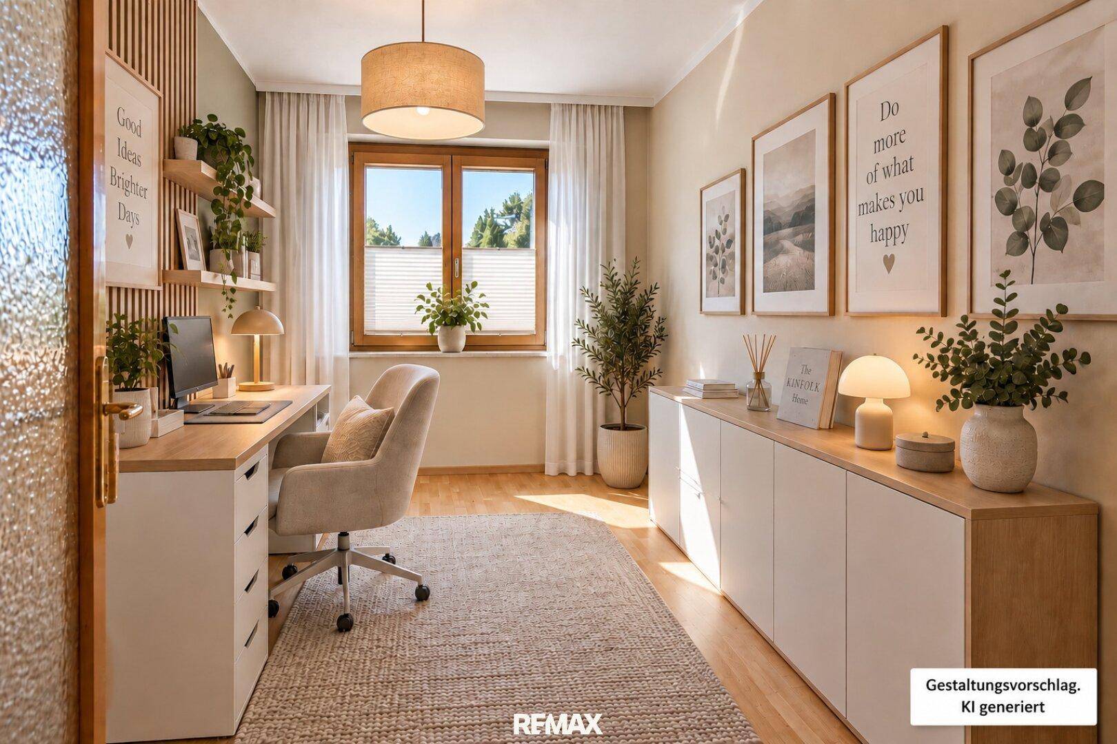 Modernes Arbeitszimmer mit Schreibtisch, Stauraum und viel Tageslicht durch das Fenster.