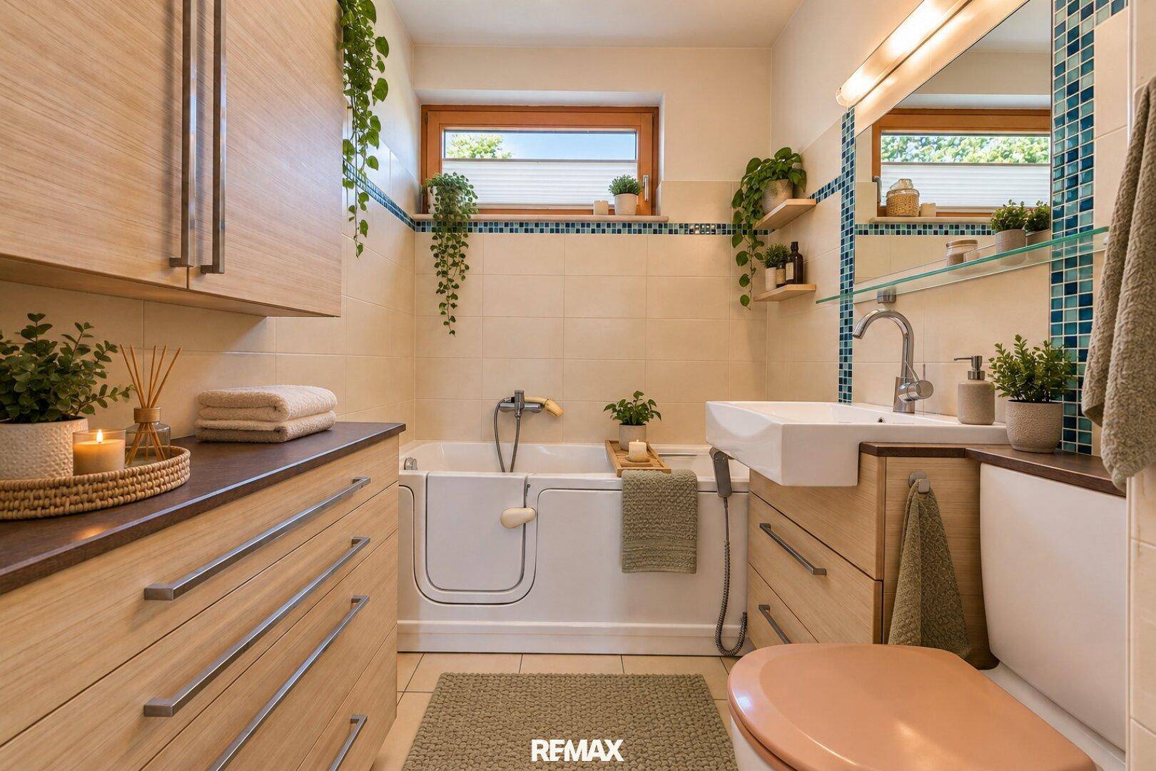 Funktionales Badezimmer mit begehbarer Badewanne, Waschbecken und Fenster.