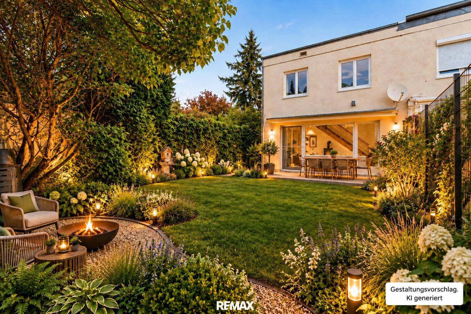 Wunderschön beleuchteter Garten am Abend mit Terrasse, Feuerstelle und gepflegtem Rasen.