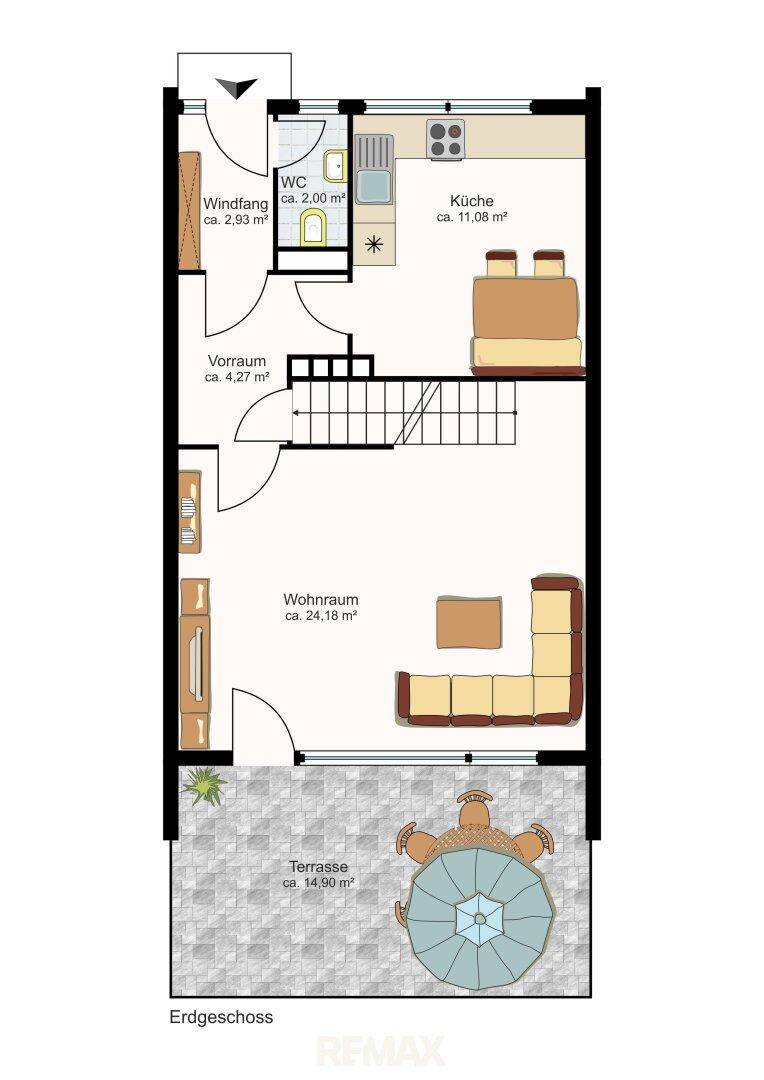 Grundriss des Erdgeschosses mit Wohnraum, Küche, WC und Terrasse.