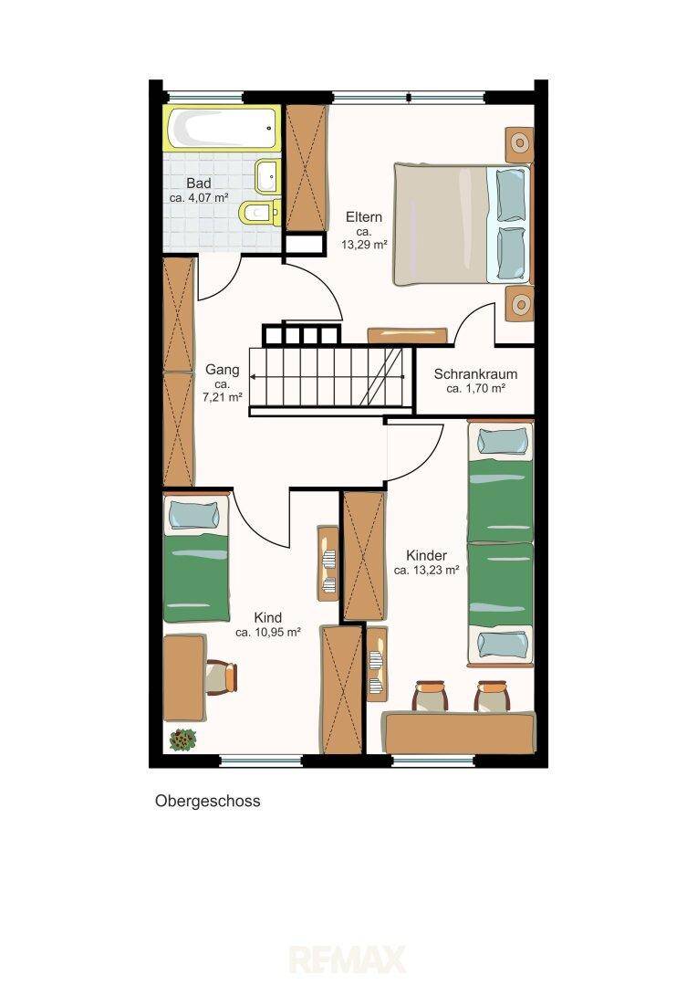 Grundriss des Obergeschosses mit Bad, Elternschlafzimmer und zwei Kinderzimmern.