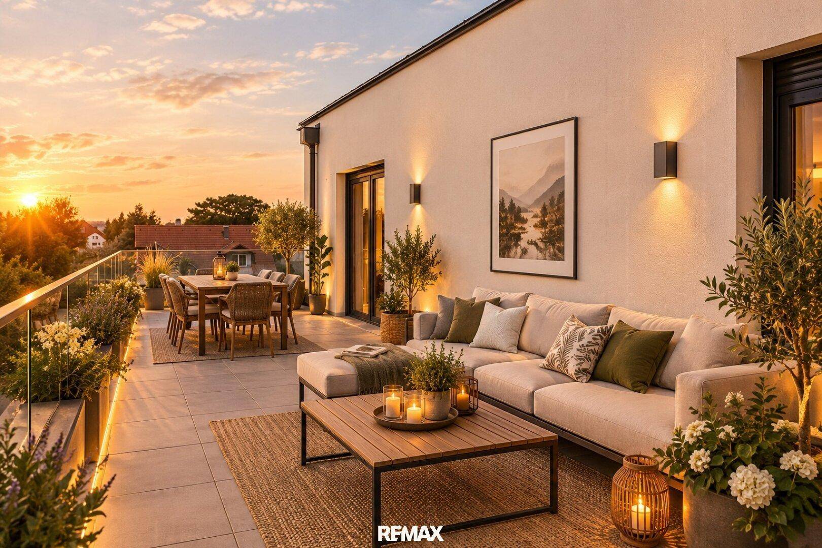 Geräumige Terrasse mit Lounge-Möbeln, Essbereich und weitem Blick in die Landschaft bei Sonnenuntergang.