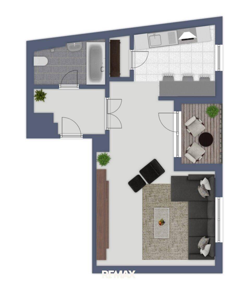 Detaillierter Grundriss der Wohnung mit offenem Wohnbereich, Küche, Bad und Balkon.