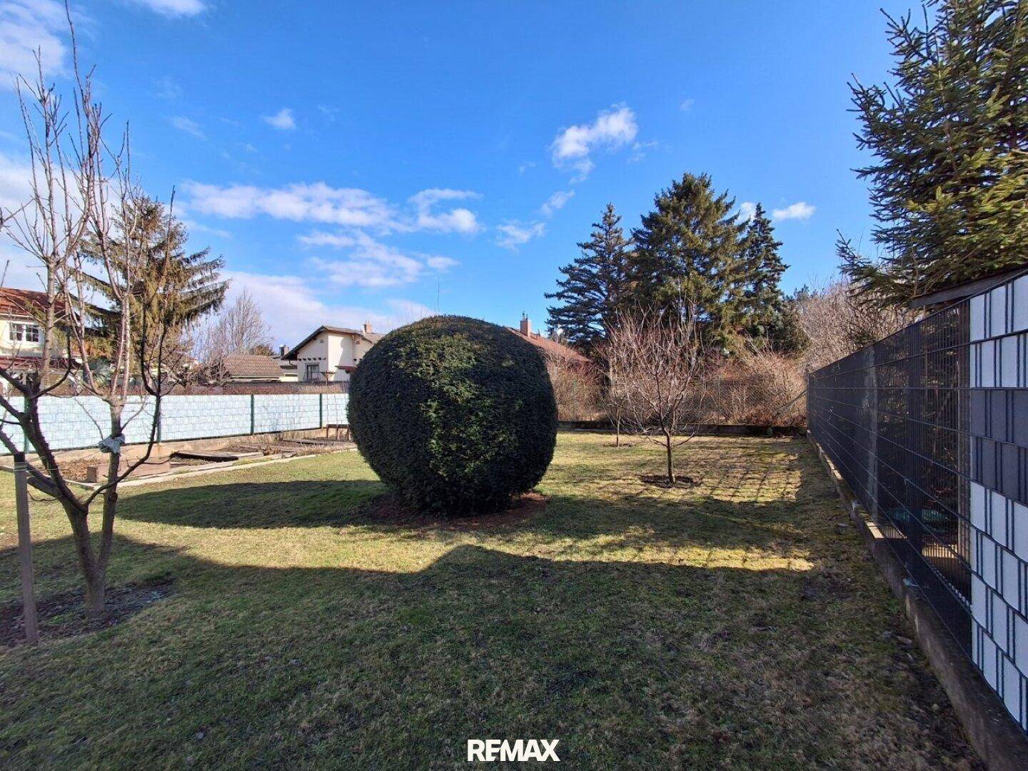 Weitläufiger Garten mit gepflegter Rasenfläche, Ziersträuchern und jungen Bäumen unter blauem Himmel.