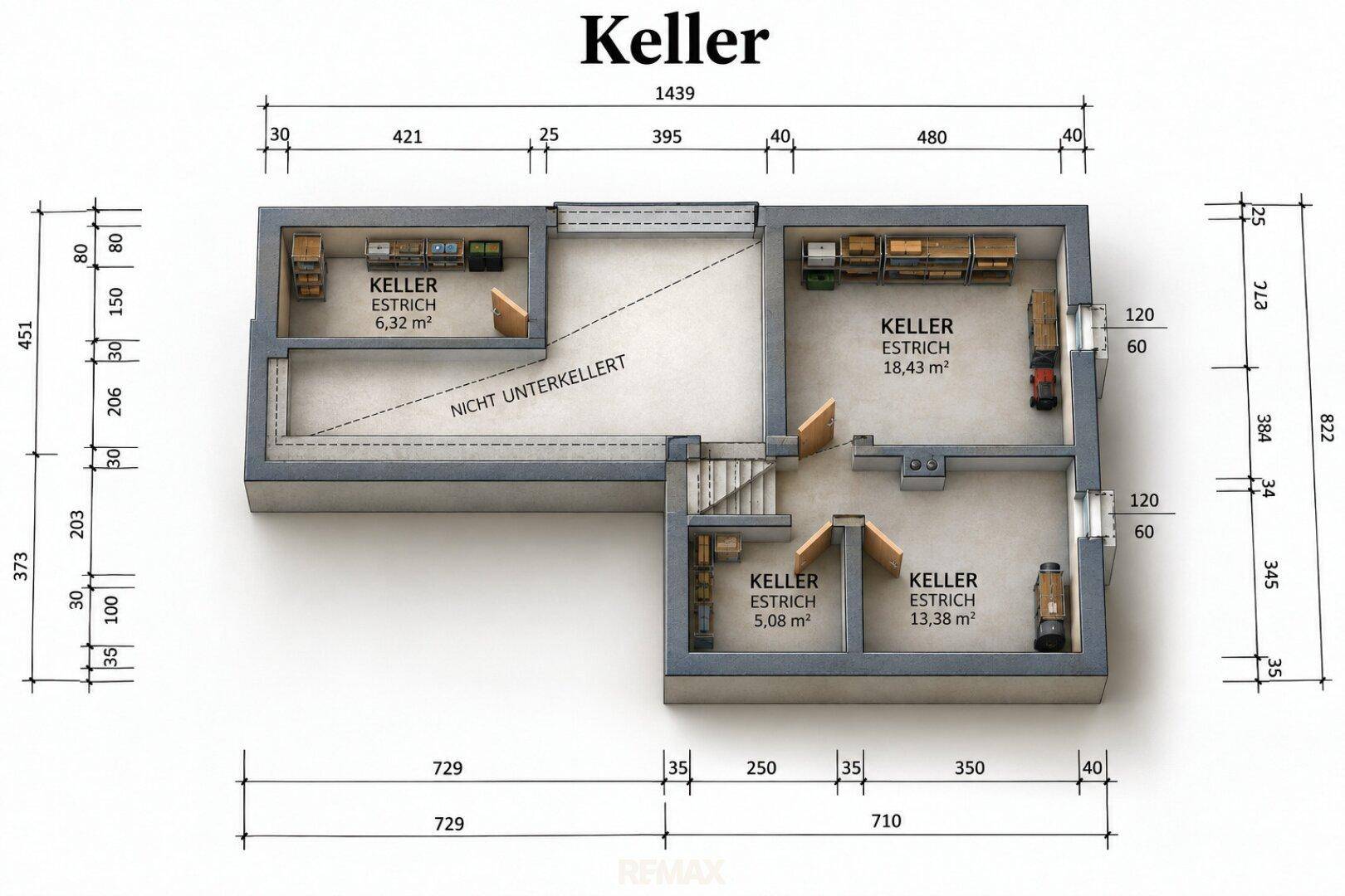 Grundriss des Kellers mit mehreren Abstellräumen und nicht unterkellertem Bereich.