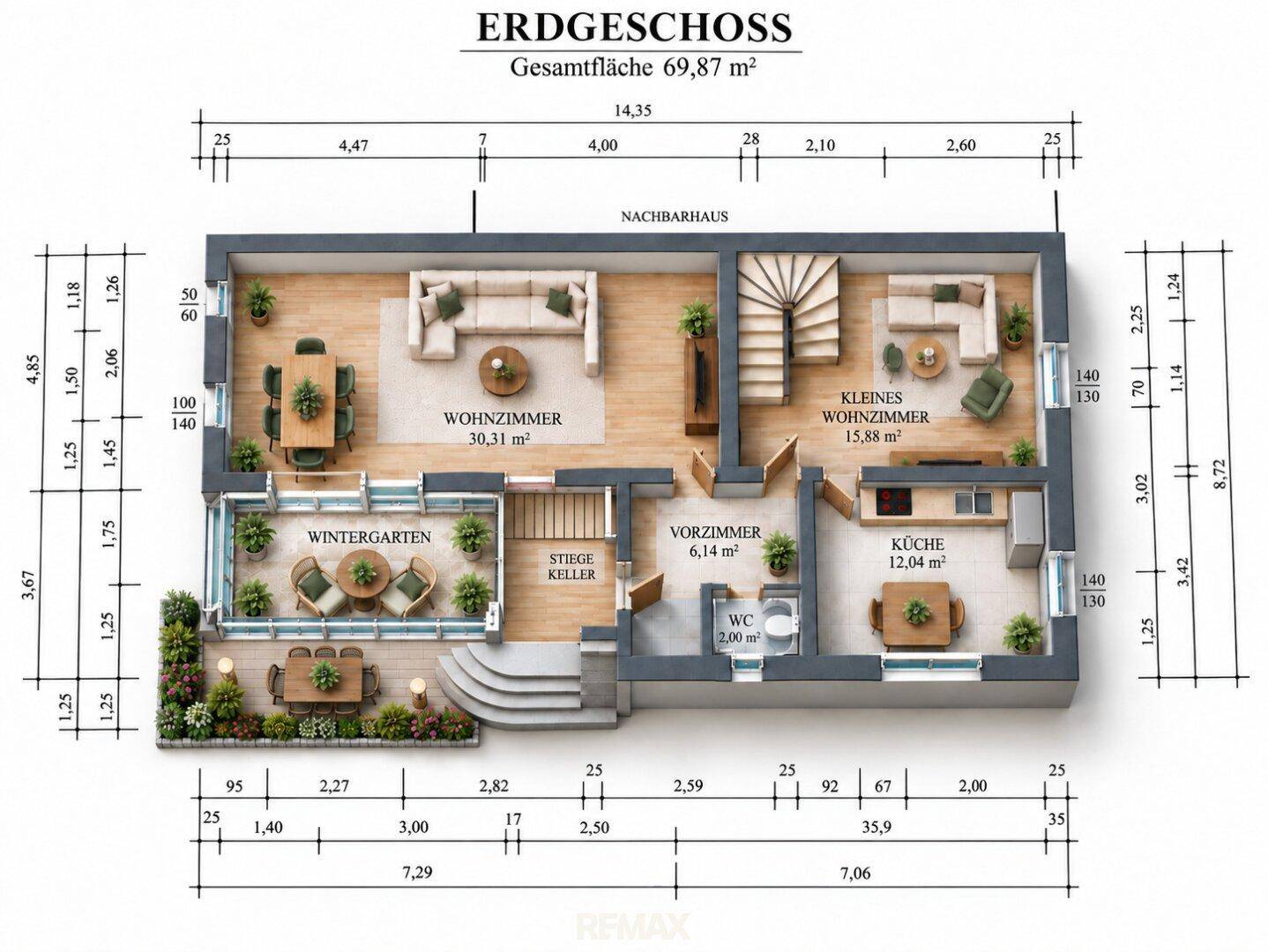 Detaillierter Grundriss des Erdgeschosses mit Wohnzimmer, Küche, Wintergarten und WC.