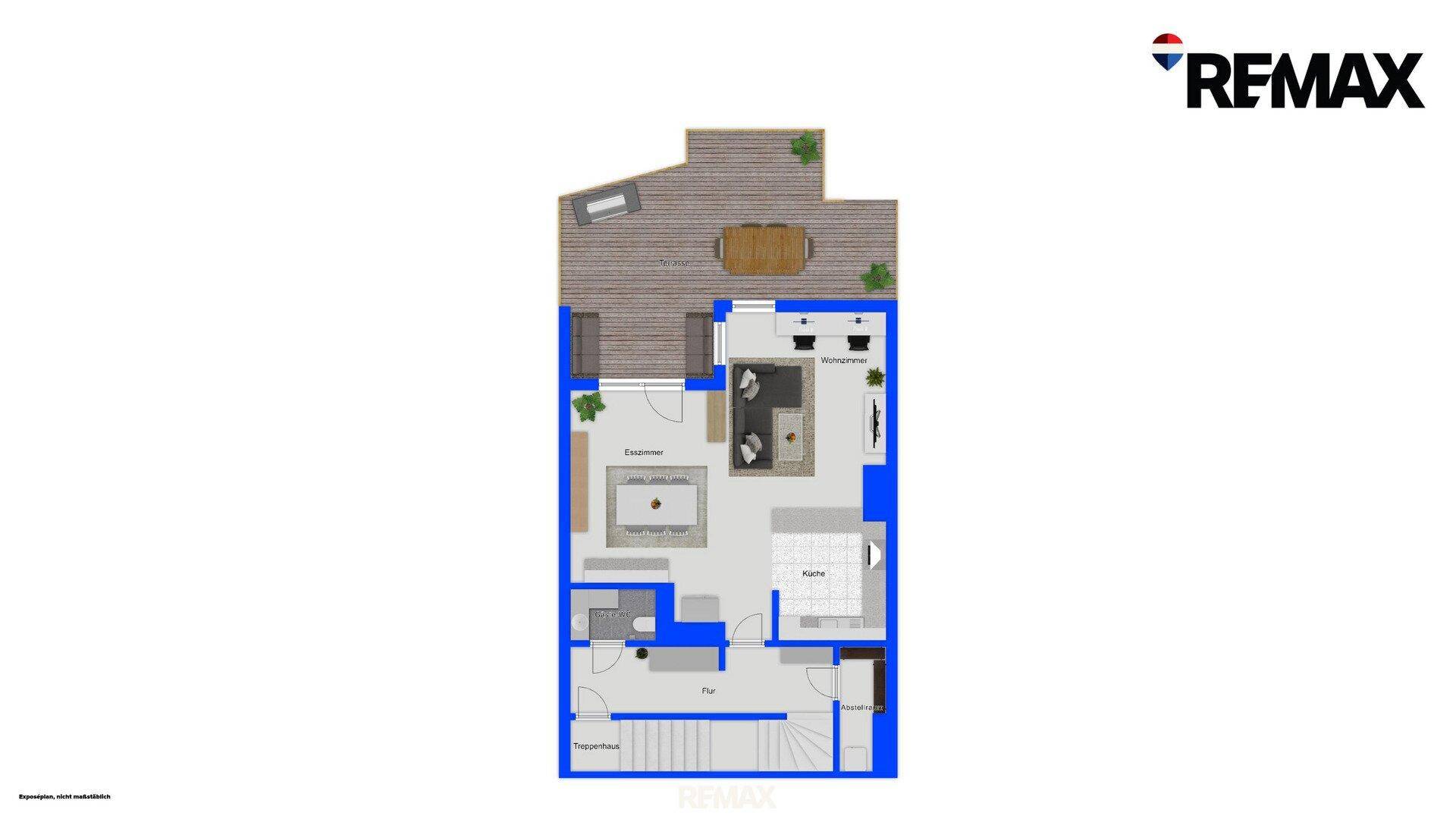 Grundriss der unteren Ebene mit Terrasse, offenem Wohnbereich, Küche und einem Schlafzimmer.