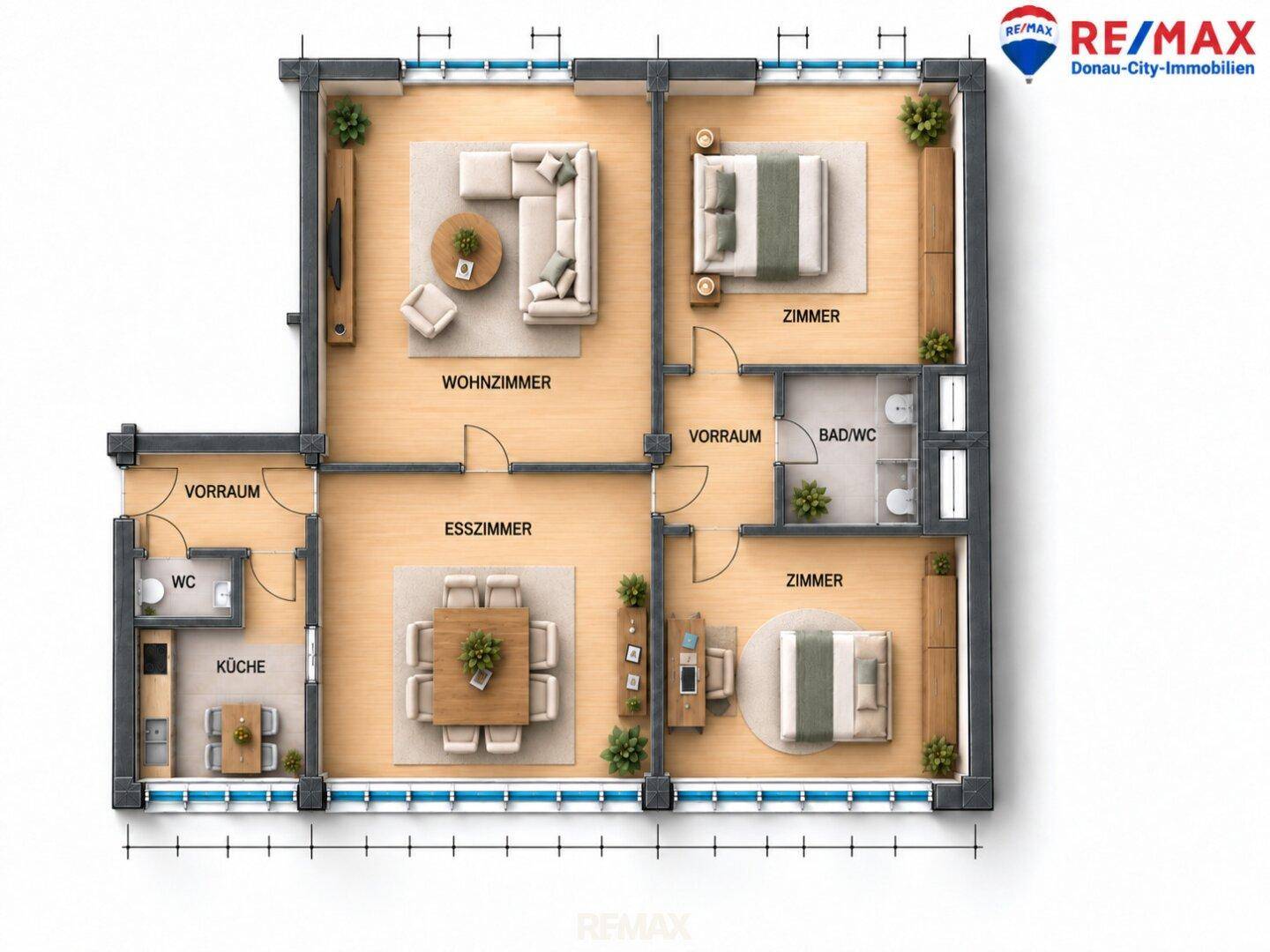 Detaillierter Grundriss einer Wohnung mit Wohnzimmer, Esszimmer, Küche und zwei Schlafzimmern.