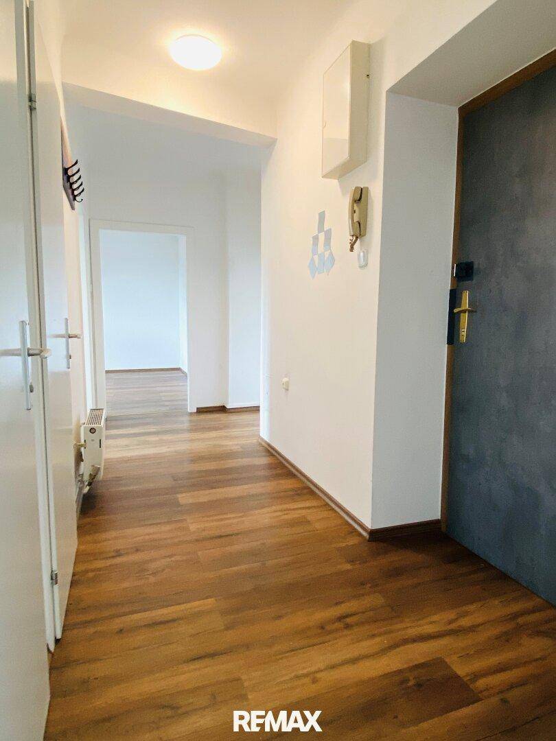 Heller Flur mit Holzfußboden und Eingangstür, die zu weiteren Räumen führt.
