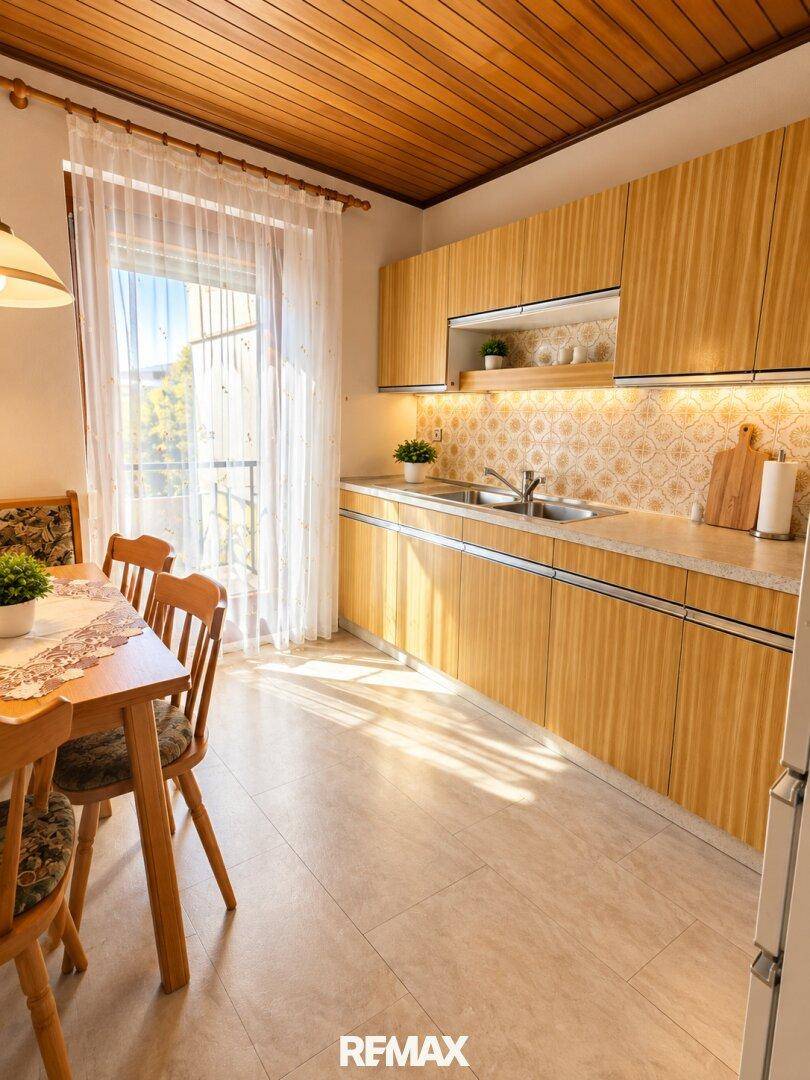 Helle Wohnküche mit Holzschränken, Esstisch und Zugang zu einem Balkon.