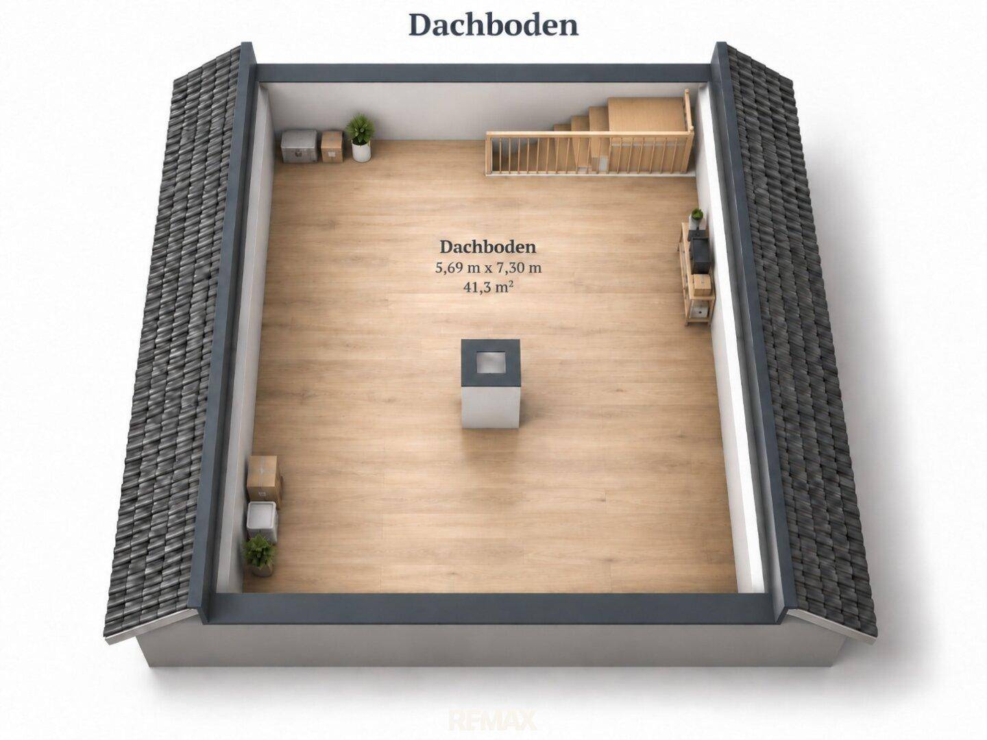 Grundriss des Dachbodens mit Treppenzugang und Stauraum.