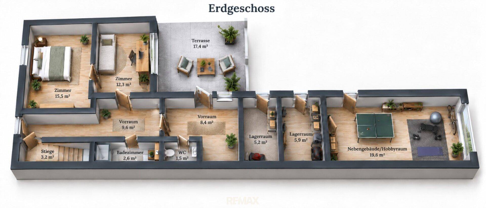 Grundriss des Erdgeschosses mit Schlafzimmern, Bad, WC, Terrasse und Hobbyraum.
