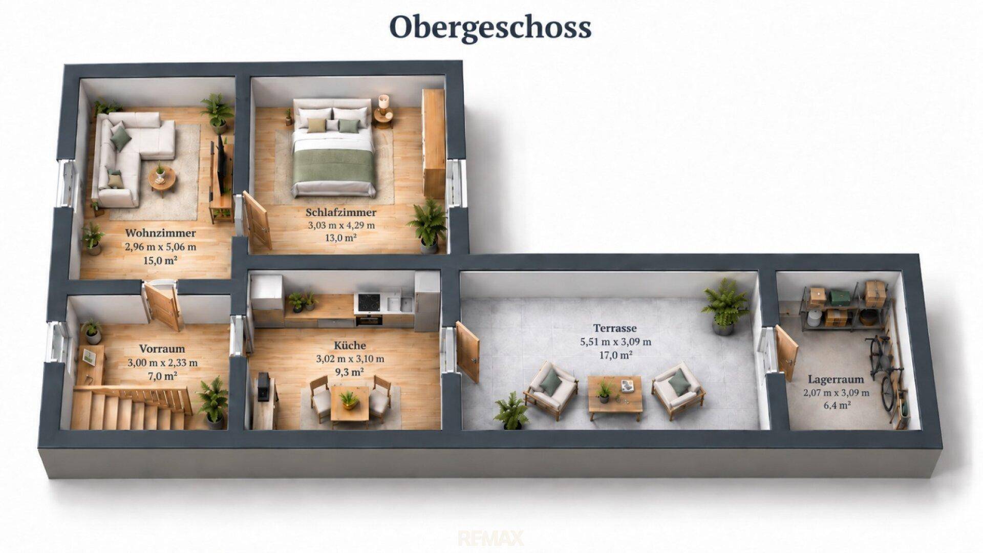 Grundriss des Obergeschosses mit Wohnzimmer, Schlafzimmer, Küche und Terrasse.