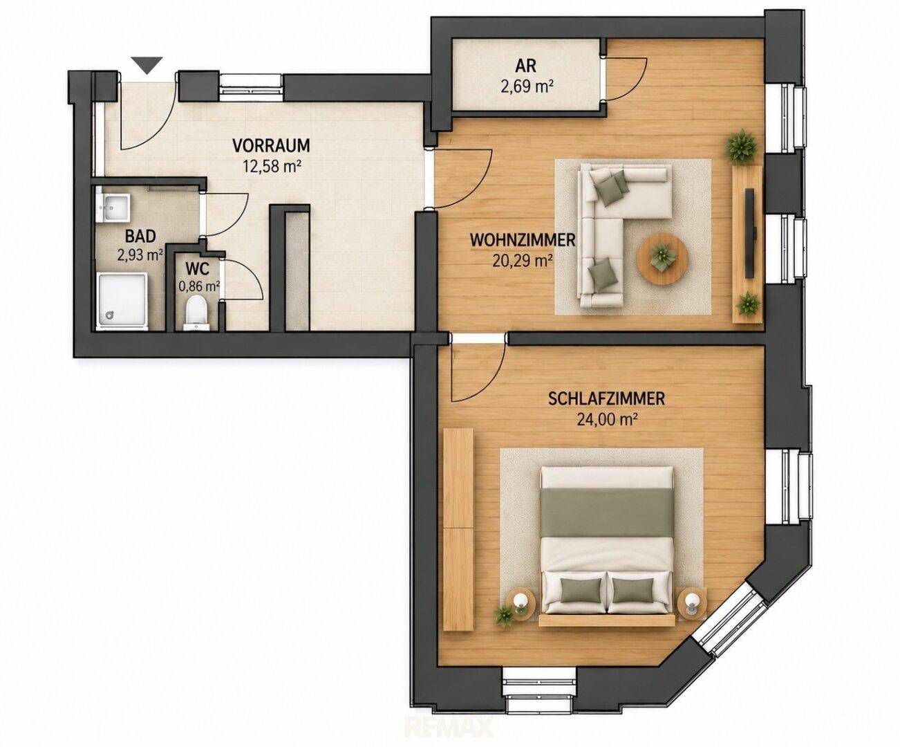 Grundriss der Wohnung mit Wohnzimmer, Schlafzimmer, Bad und WC, inklusive Flächenangaben.