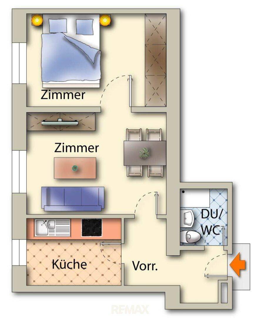 Detaillierter Grundriss einer Wohnung mit zwei Zimmern, Küche und Bad.