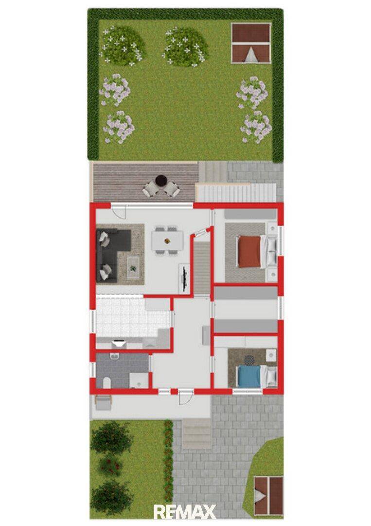 Grundriss des Erdgeschosses mit offenem Wohnbereich, zwei Schlafzimmern und Gartenzugang.