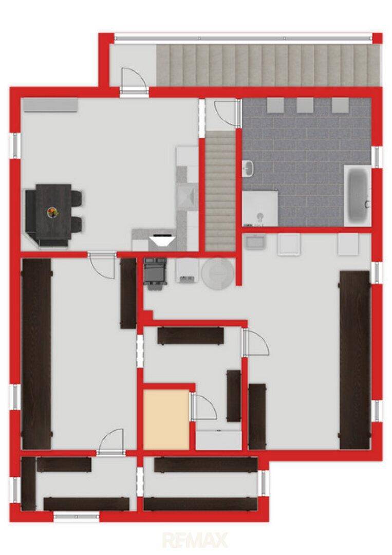 Grundriss des Untergeschosses mit Badezimmer, Hauswirtschaftsraum und weiteren Räumen.