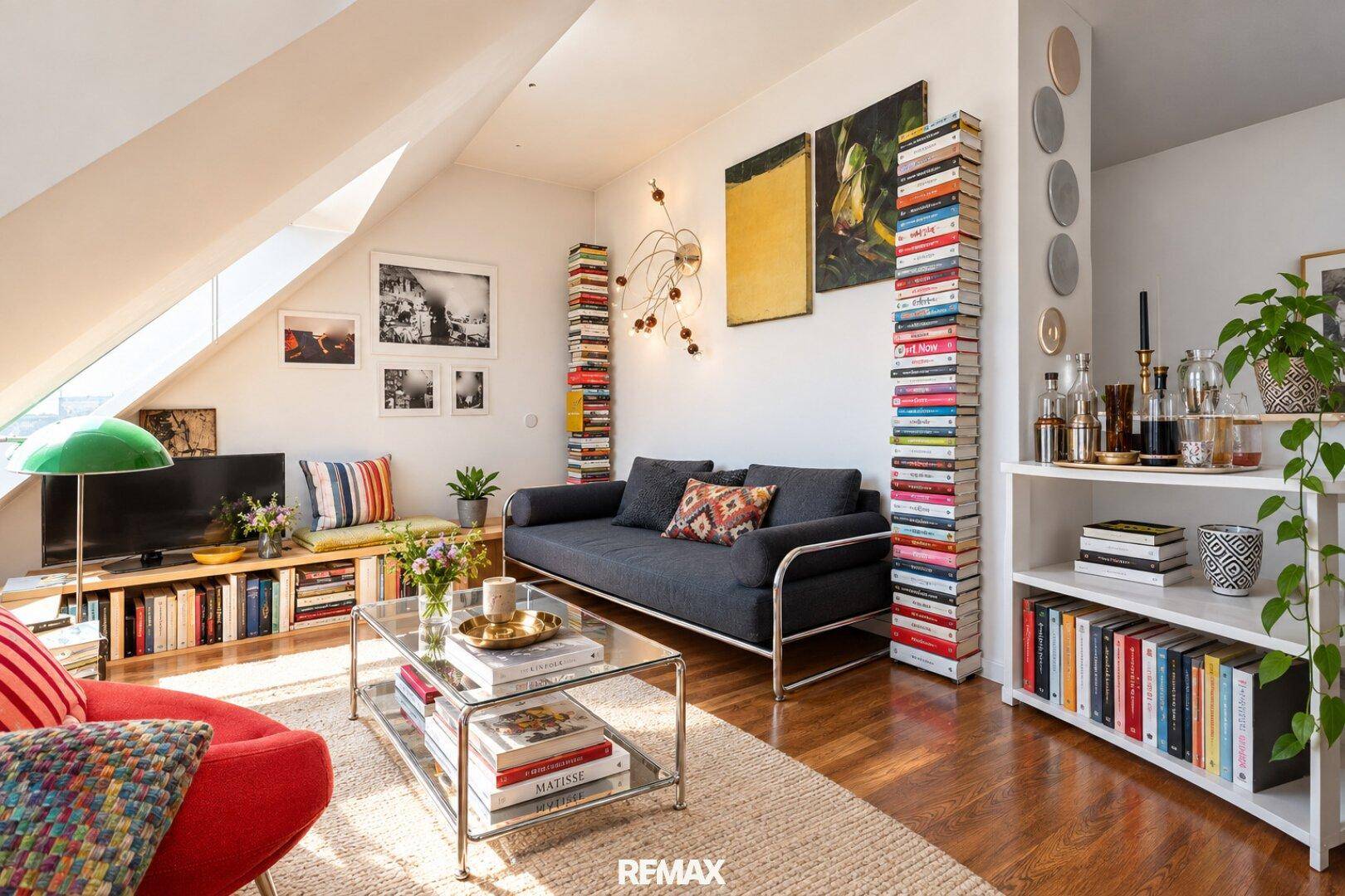 Gemütliches Wohnzimmer im Dachgeschoss mit Schrägdach, Bücherregalen und bequemen Sofas.
