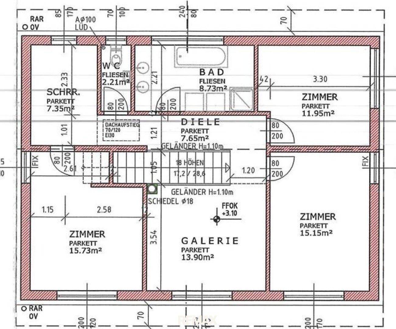 Grundriss des Obergeschosses mit Schlafzimmern, Bad und Galerie.
