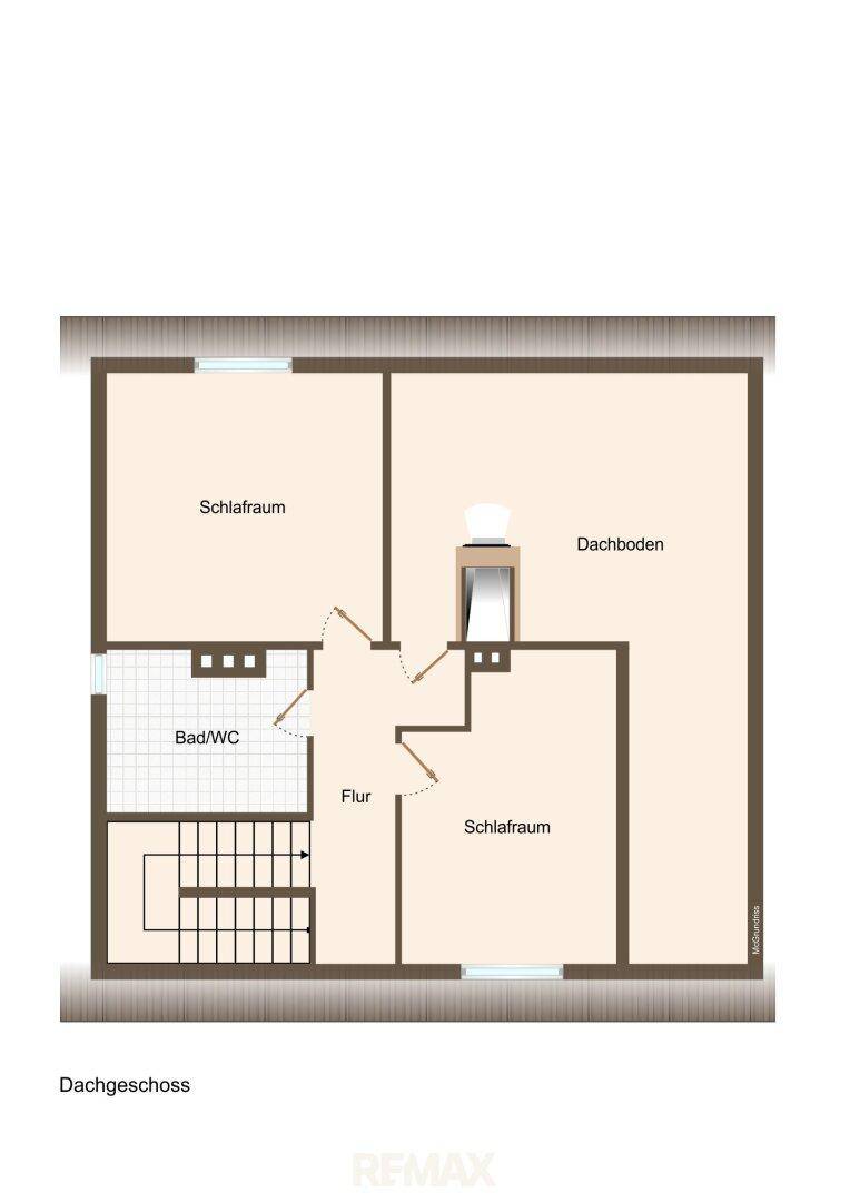 Grundriss des Dachgeschosses mit zwei Schlafzimmern, Bad/WC, Flur und Dachboden.