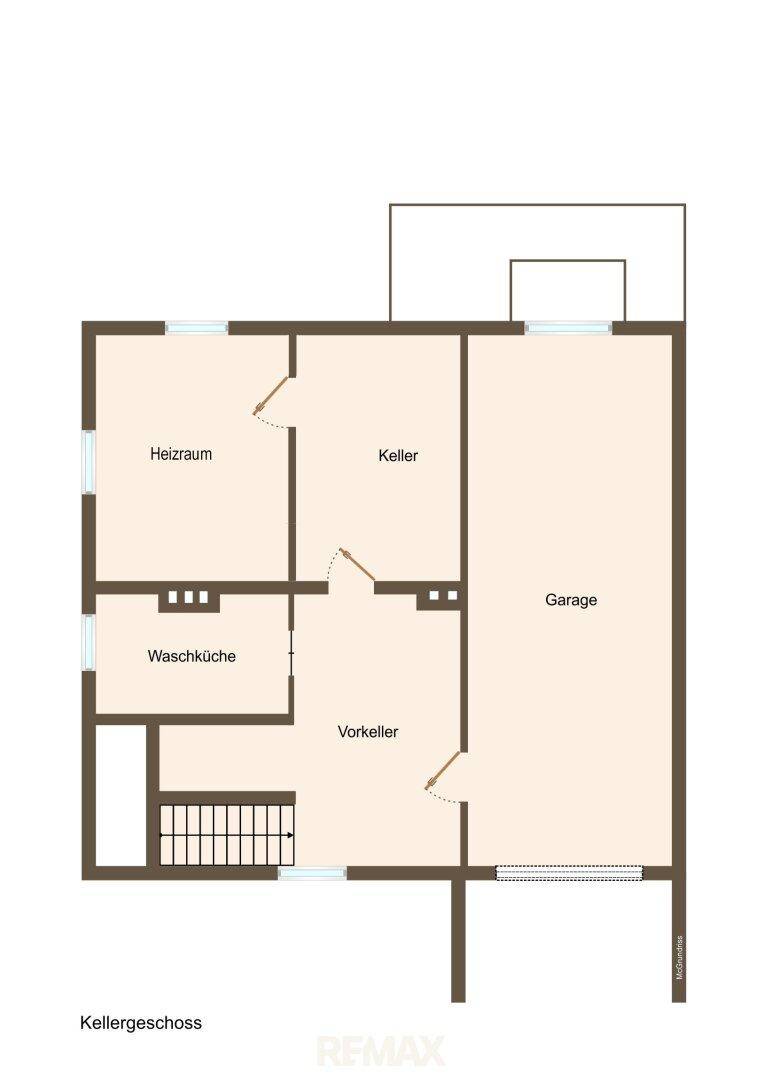 Grundriss des Kellergeschosses mit Heizraum, Waschküche, Kellerräumen und Garage.