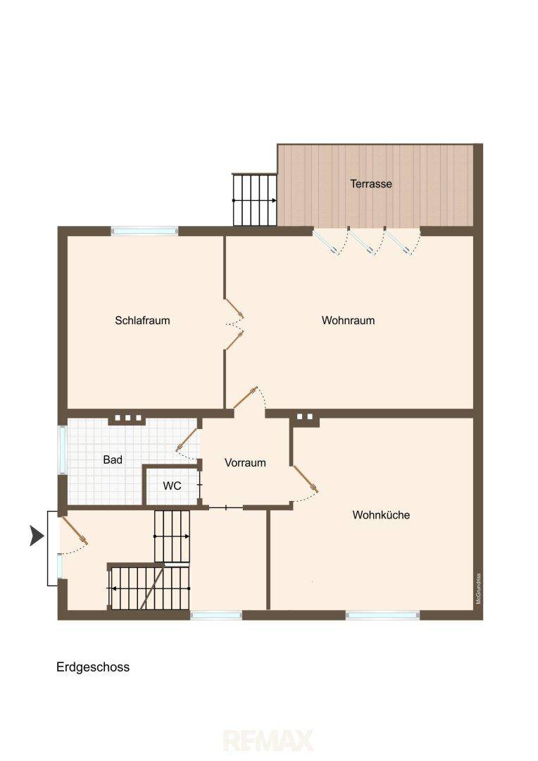 Grundriss des Erdgeschosses mit Wohnküche, Wohnzimmer, Schlafzimmer, Bad und Terrasse.