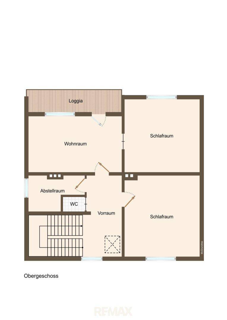 Grundriss des Obergeschosses mit zwei Schlafzimmern, Wohnzimmer, Abstellraum und Loggia.