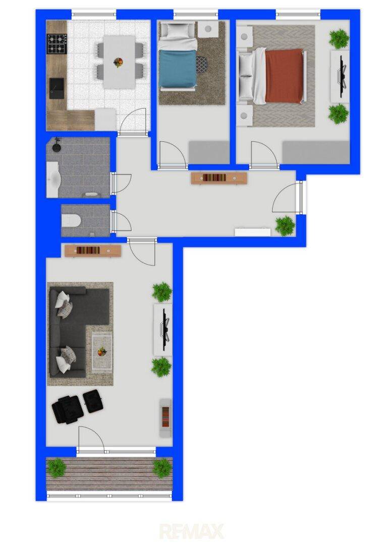 Grundriss der Wohnung mit Wohnzimmer, zwei Schlafzimmern, Küche und Bad.