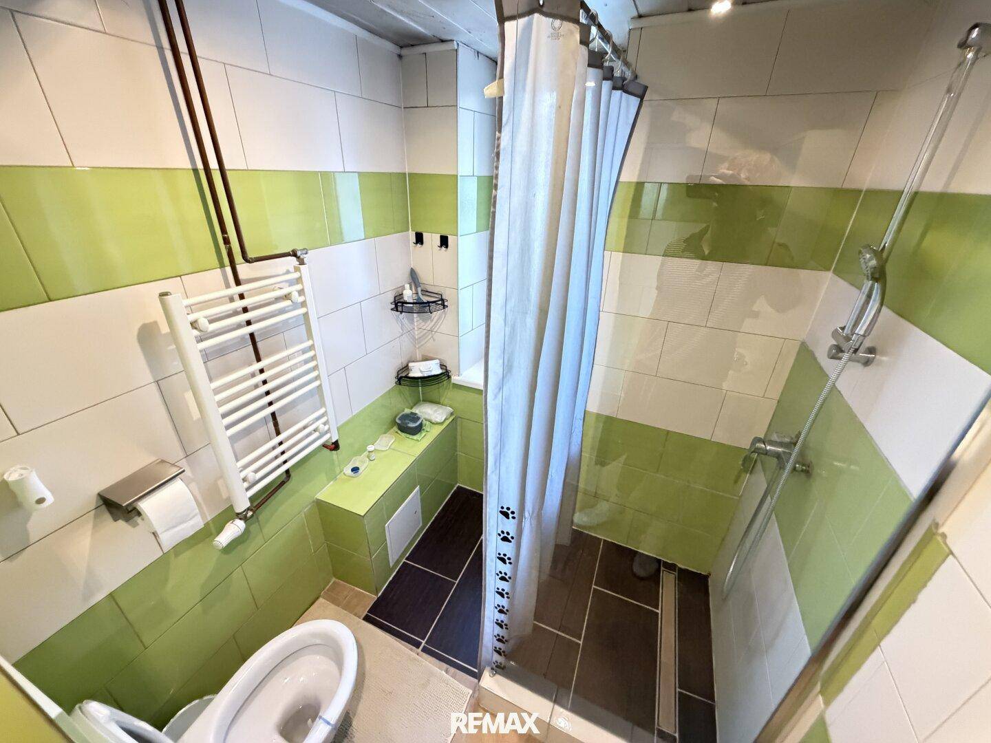 Badezimmer mit Duschkabine, WC und beheiztem Handtuchhalter, gefliest in Grün und Weiß.