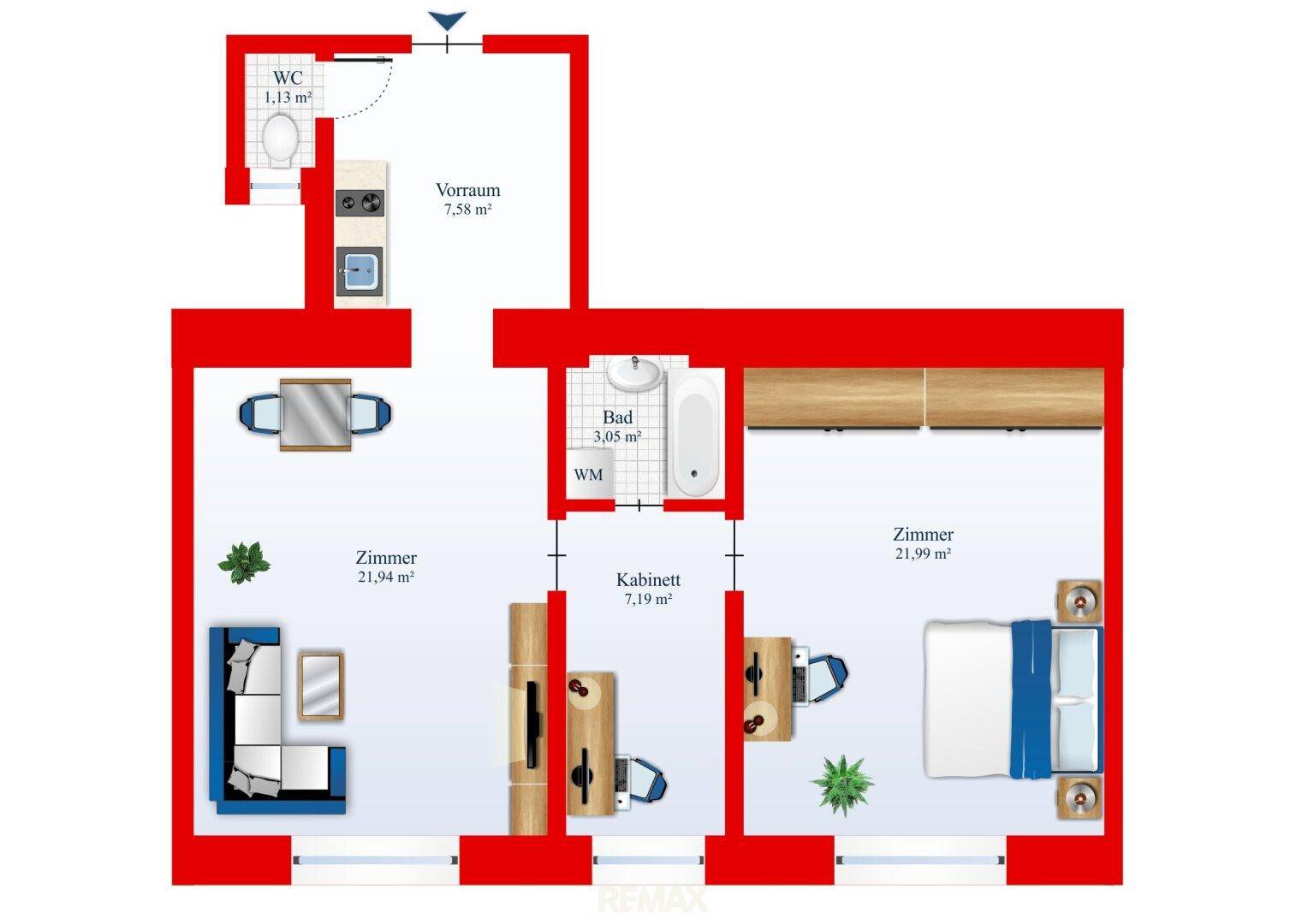 Detaillierter Grundriss der Wohnung mit Zimmern, Bad, WC und Vorraum, inklusive Flächenangaben.